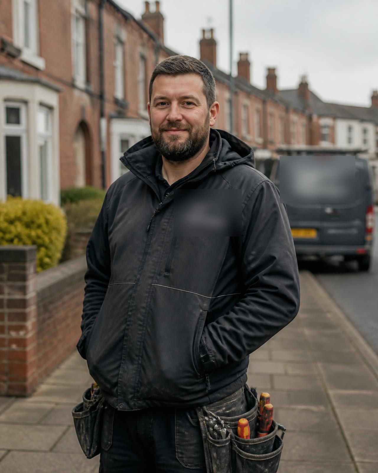A tradesperson standing on a residential street in Greater Manchester